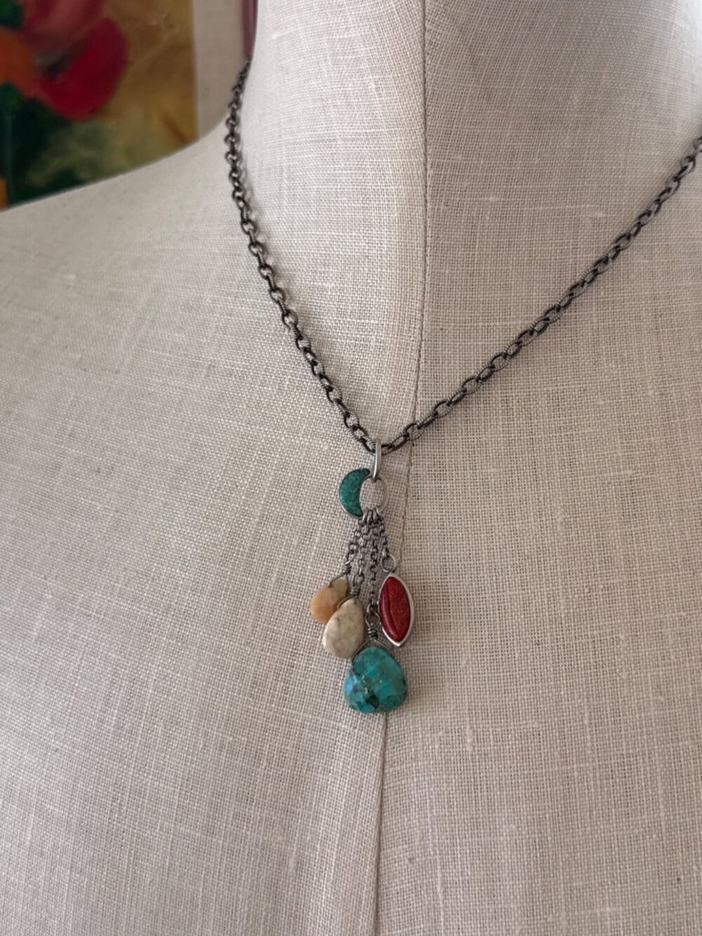 Vintage 90's Silpada Sterling Silver Chain Necklace With Gemstone Dangle Charms - Picture 5 of 15